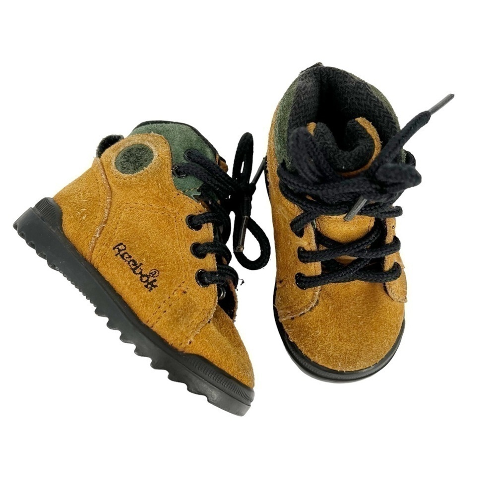Reebok Vintage Suede Hiking Boot Sneakers Tan Green Chunky Sole Infant Baby Sz 3